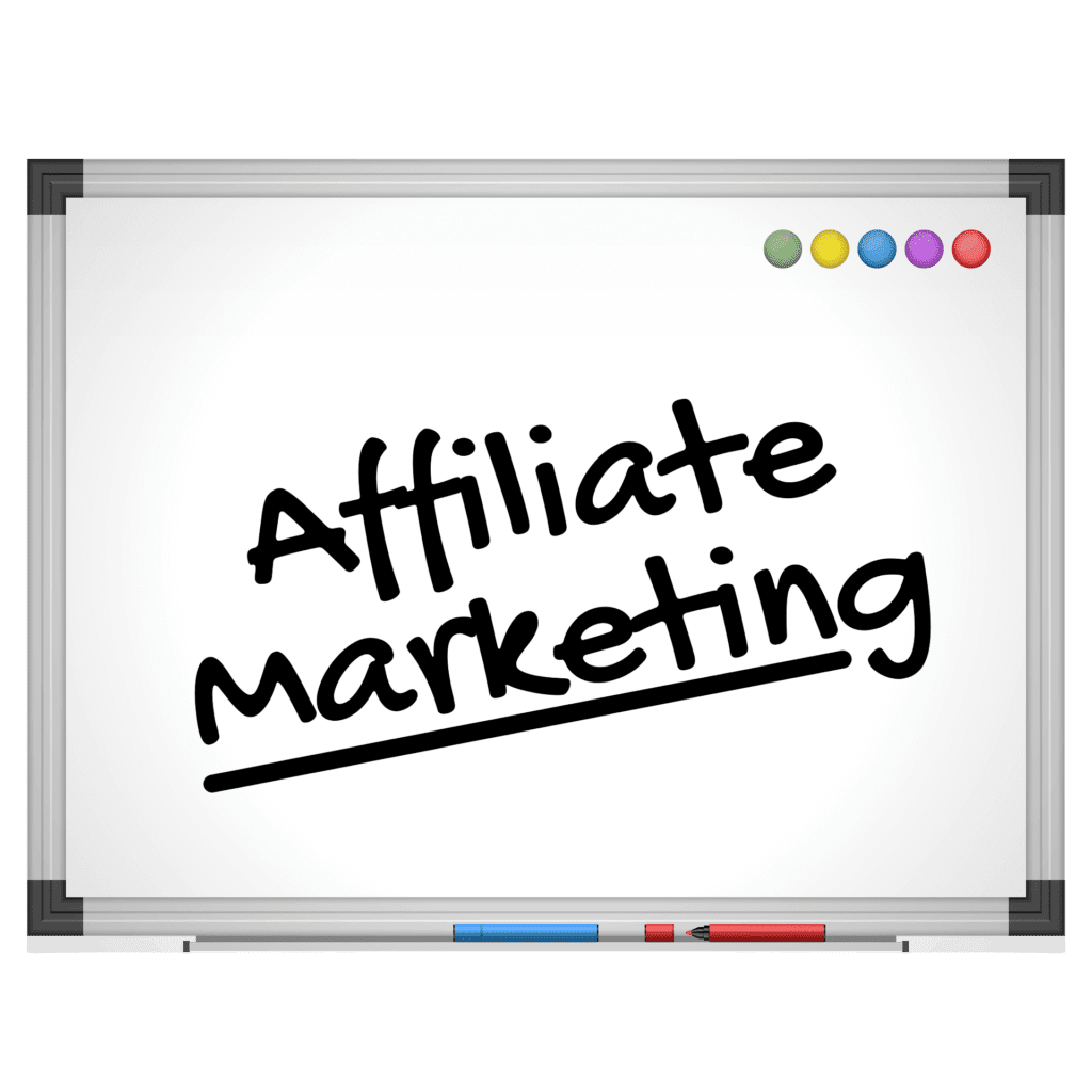 Affiliate marketing in black ink on a white and black board