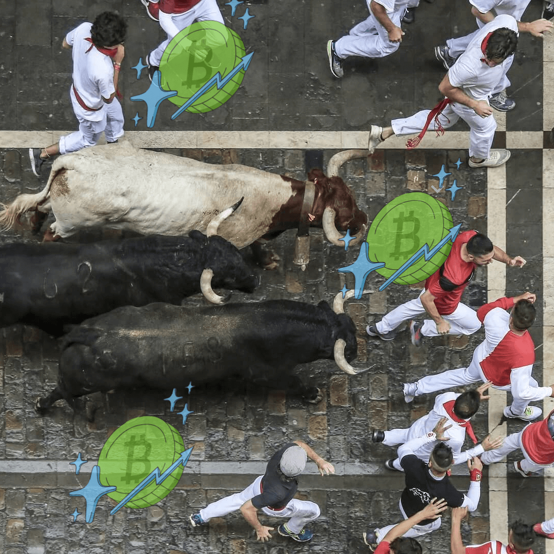 A black and white bull running in an event-crypto bull season