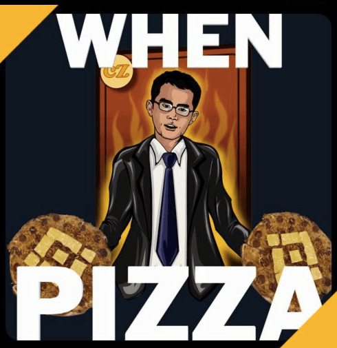 Binance CEO CZ in a suit holding two Pizza for Bitcoin Pizza Day 2023