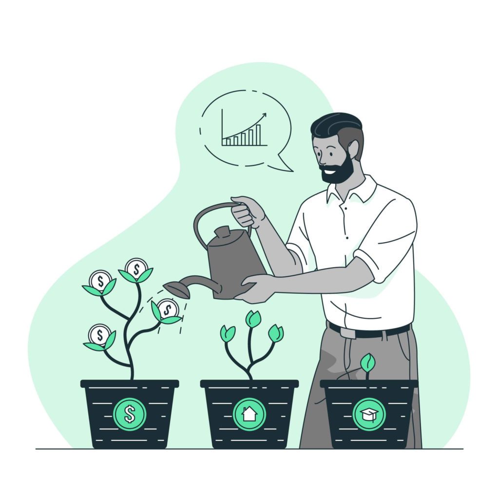 A man watering is successful investing plant