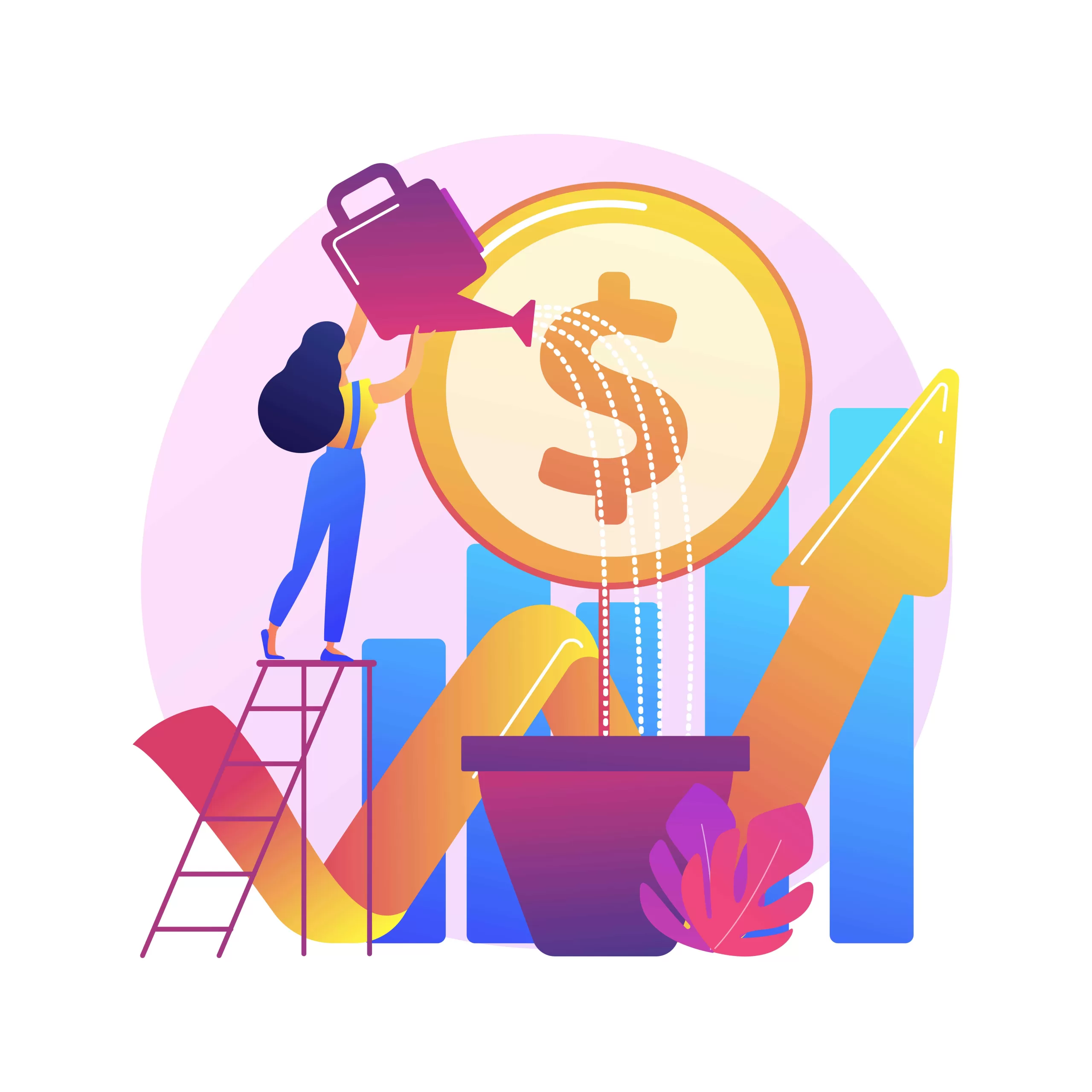 Woman watering gold cryptocurrencies coin and chart