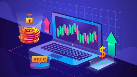 A chart on a laptop for 3 Best cryptocurrencies wit coins and green arrow