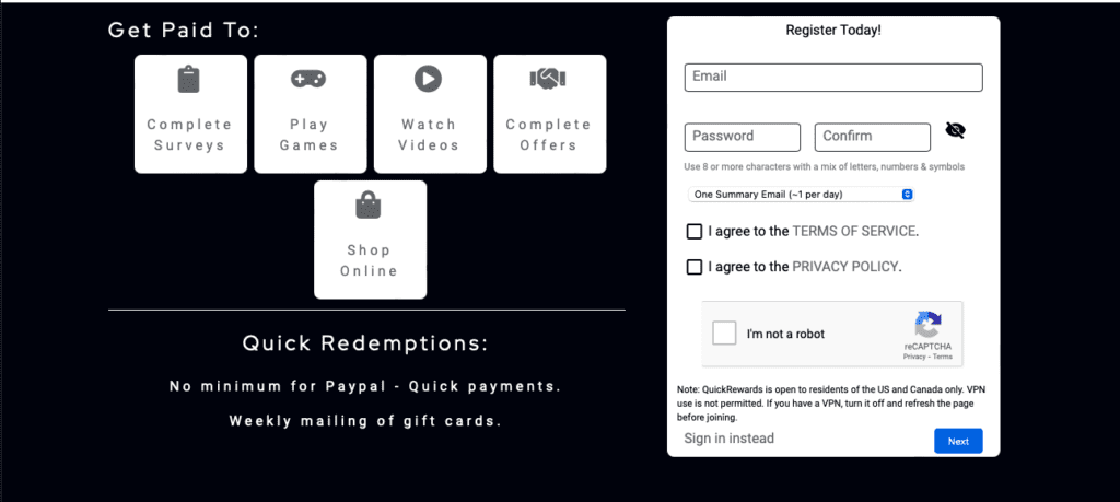 QuickRewards sign up page